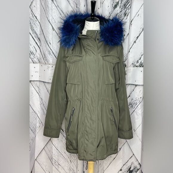 S13 New York Alps Green Hooded Parka Blue Faux Fur L